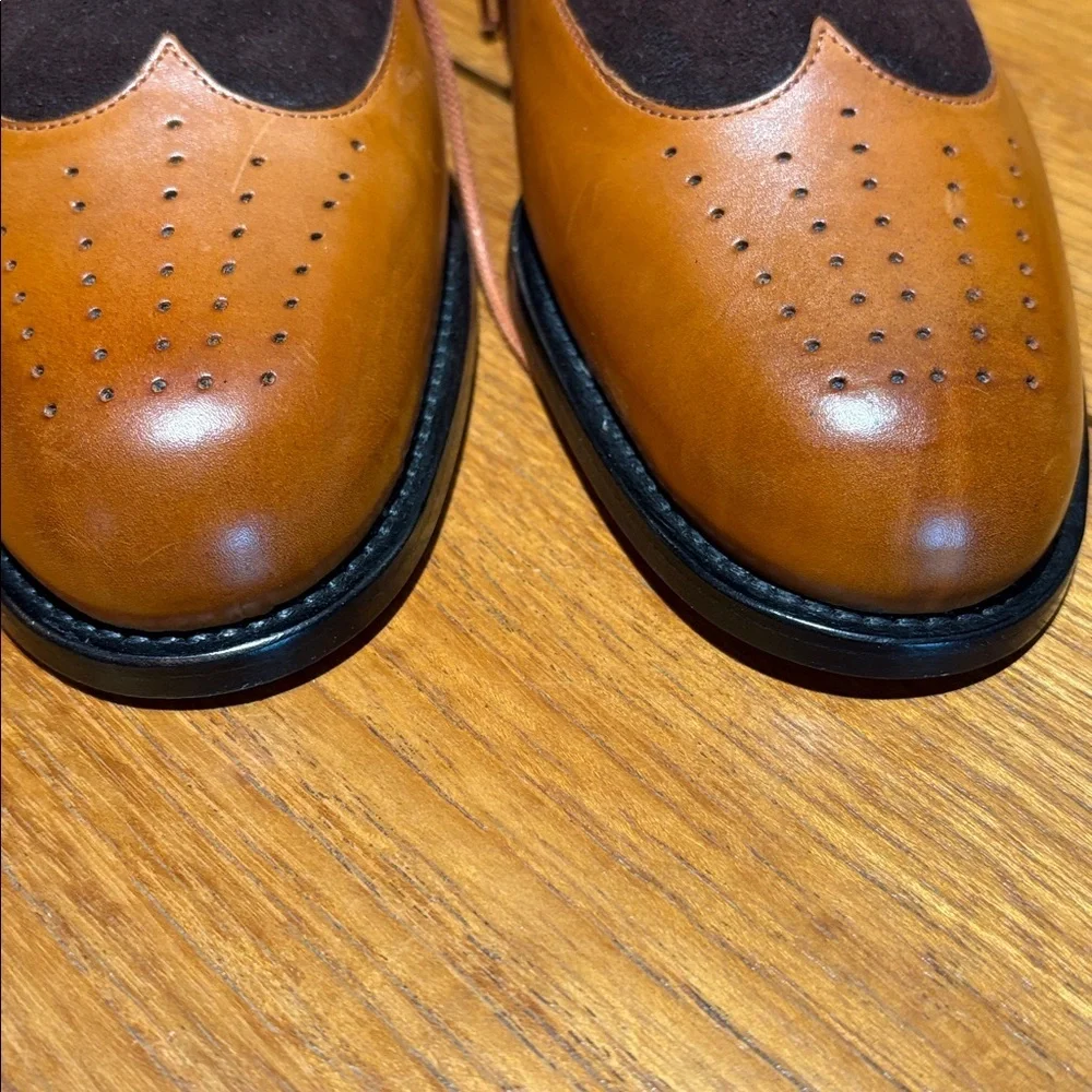 New Stephane Kelian Paris Mens perforated cap toe leather, laces brown suede 6.5